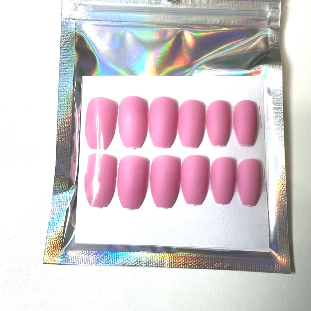 24 Pc Matte Pink Press On Nails | Short Coffin Shape | Reusable with Kit